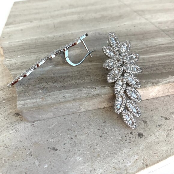 NEW ~ Anthropologie Pavé X Baguette Fancy Flower Drop Stud Silver Earrings - Picture 4 of 14